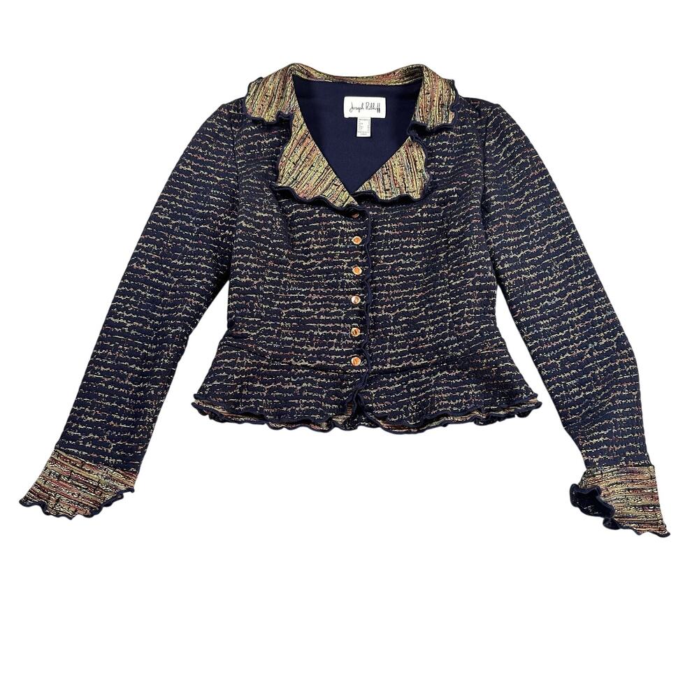 Joseph Ribkoff Ruffled Collar Cropped Jacket Navy Multi Size 6 - Picture 4 of 10